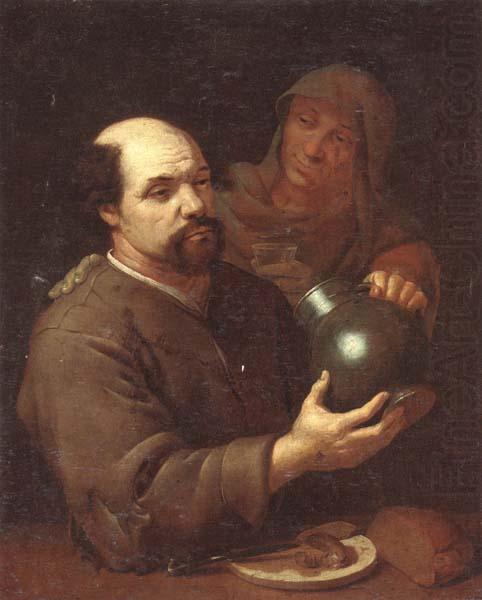 A man seated at a table holding a flagon,a servant offering him a glass of wine, unknow artist